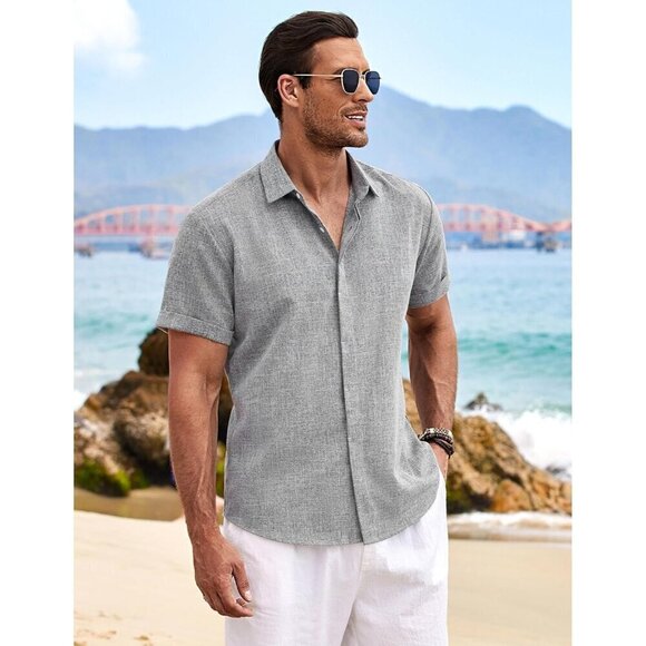 Men Gray Linen Short Sleeve Casual Shirts Button Down Shirt Beach Summer Shirt - Picture 4 of 6